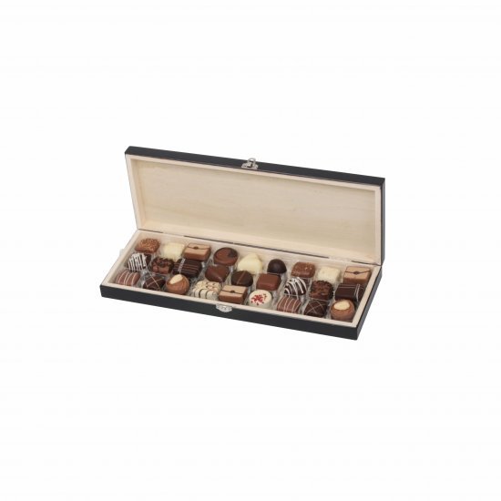 Sort flade Trææske, 27 stk. Luksus chokolade, 300 g.
