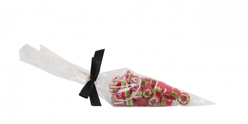 Spidspose m/sort silkesløjfe, Jordbær rox bolcher, 100 g.