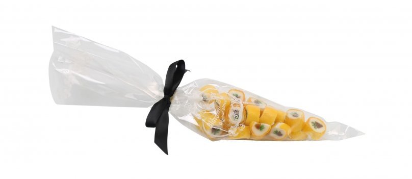 Spidspose m/sort silkesløjfe, Ananas rox bolcher, 100 g.