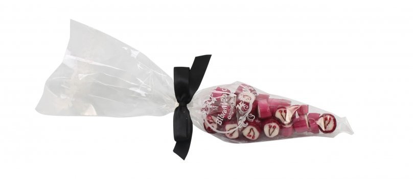 Spidspose m/sort silkesløjfe, Kirsebær rox bolcher, 100 g.