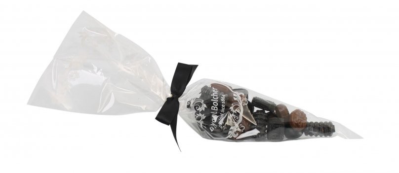 Spidspose m/sort silkesløjfe, Lakridsblanding bolcher, 100 g.