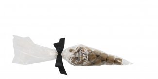 Spidspose m/sort silkesløjfe, Peberpuder bolcher, 100 g.