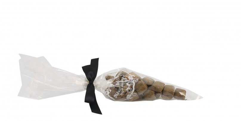 Spidspose m/sort silkesløjfe, Peberpuder bolcher, 100 g.