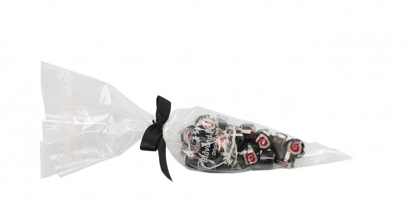 Spidspose m/sort silkesløjfe, Salmiaksnegle rox bolcher, 100 g.