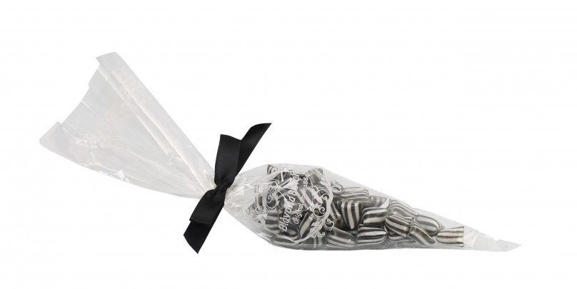 Spidspose m/sort silkesløjfe, Sort bismark bolcher, 100 g.