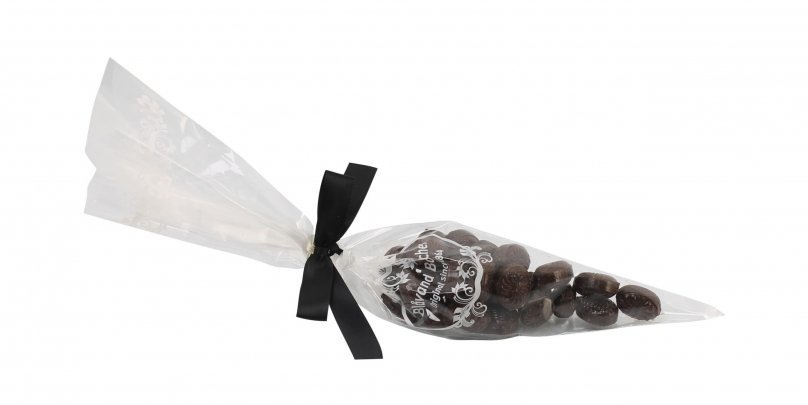 Spidspose m/sort silkesløjfe, Brune lakrids bolcher, 100 g.