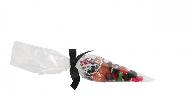 Spidspose m/sort silkesløjfe, Blåvand bolche mix, 100 g.