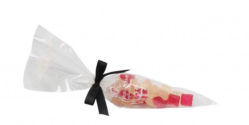 Spidspose m/sort silkesløjfe, Vanilje bolcher, 100 g.