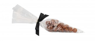 Spidspose m/sort silkesløjfe, Flødetabletter bolcher, 100 g.