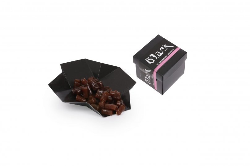 Black Liquorice box, Karamel lakrids, 90 g.