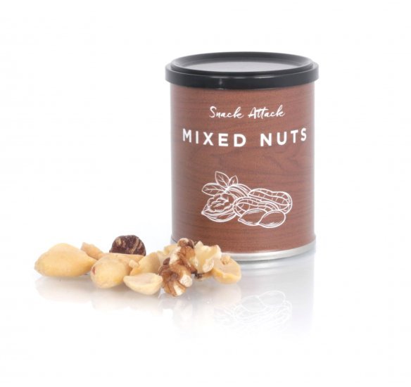 Snack Attack dåse, Nøddemix, 50 g. - Dåse med label