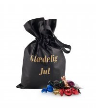 Sort stofpose m/tryk Glædelig Jul, Chokoladekugler, 1000 g.