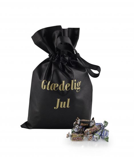 Sort stofpose m/tryk Glædelig Jul, Mars Miniaturemix, 1750 g.