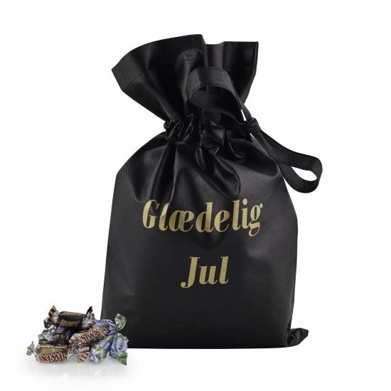 Sort stofpose m/tryk Glædelig Jul, Mars Miniaturemix, 2900 g.