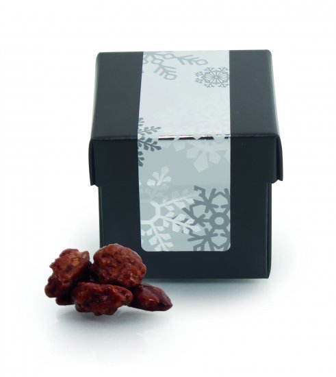 Sort Surprise-box m/ julelabel - 70 gr. Brændte mandler