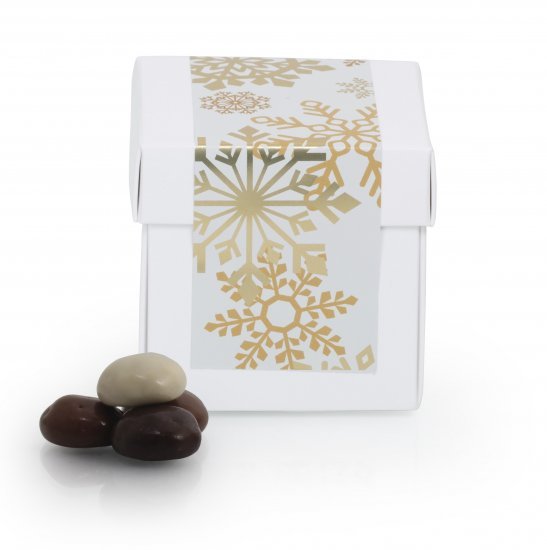 Hvid Surprise-box m/ julelabel - 70 gr. Pebernødder m/chokoladeovertræk