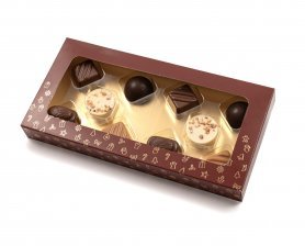 Rød/Guld kartonæske med rude - 100 gr. 10 stk. Luksus Chokolade