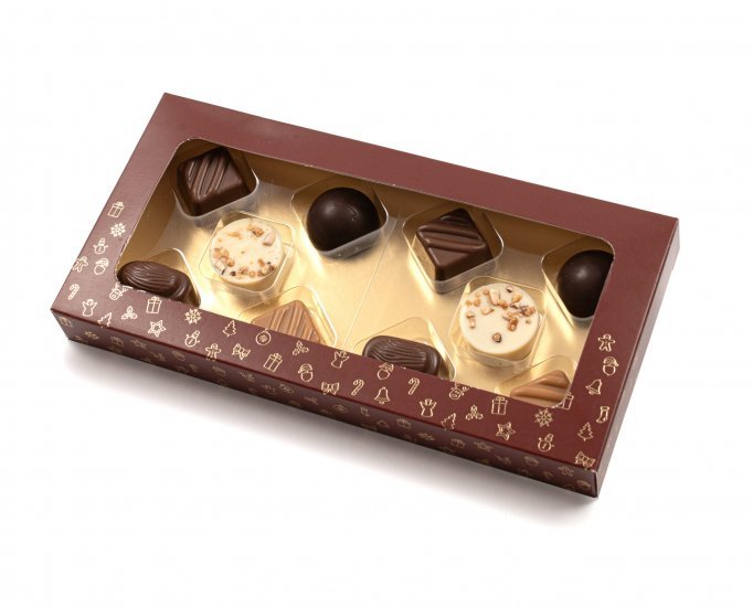Rød/Guld kartonæske med rude - 100 gr. 10 stk. Luksus Chokolade