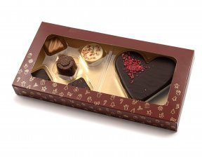 Rød/Guld kartonæske med rude - 100 g. 5 stk. Luksus + Marcipanhjerte