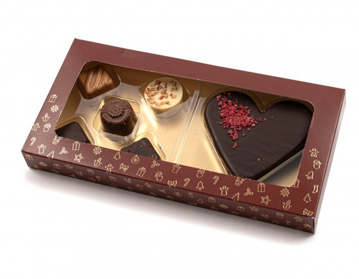 Rød/Guld kartonæske med rude - 100 g. 5 stk. Luksus + Marcipanhjerte