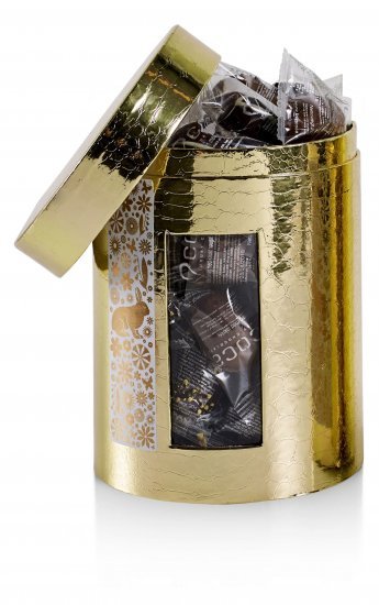 Rund æske Guld m/påske label, Marcipanæg (30 stk. Flowpack), 600 g.