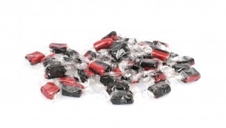 Bulk, Hindbær/Lakrids karamel i klar folie, 1000 g.