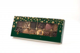 Grøn/Guld Stjerner æske, 12 stk. Luksus chokolade, 120 g.