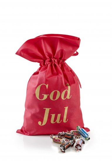 Rød stofpose m/tryk God Jul, Mars Miniaturemix, 1000 g.