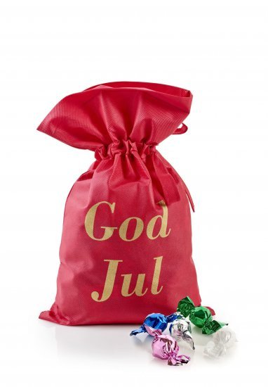 Rød stofpose m/tryk God Jul, Chokoladekugler, 1000 g.