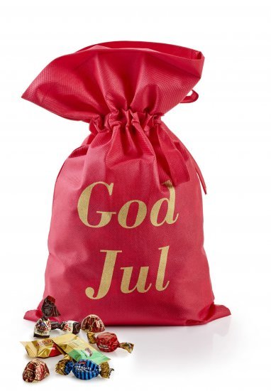 Rød stofpose m/tryk God Jul, Toms Festival Mix, 2900 g.