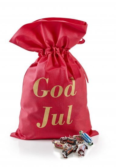 Rød stofpose m/tryk God Jul, Mars Miniaturemix, 2900 g.