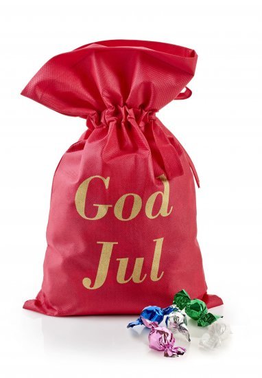 Rød stofpose m/tryk God Jul, Chokoladekugler, 2900 g.