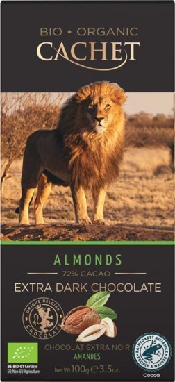 Cachet, Økologiske chokoalde plade m/ 72 % Extra dark choccolate & Almonds, 100 g.