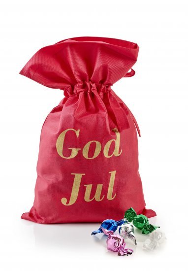 Rød stofpose m/tryk God Jul, Chokoladekugler, 1750 g.