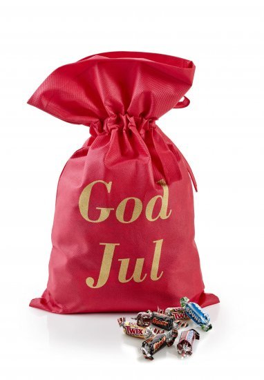 Rød stofpose m/tryk God Jul, Mars Miniaturemix, 1750 g.