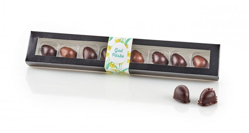 Kartonæske Sort Aflang m/ rude, 8 stk. Danske Marcipanæg, 80 g.