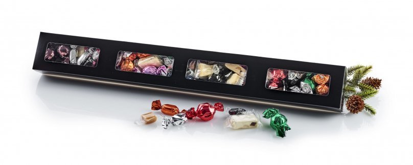 Sort aflang rude kartonæske, Julemix, 800 g.