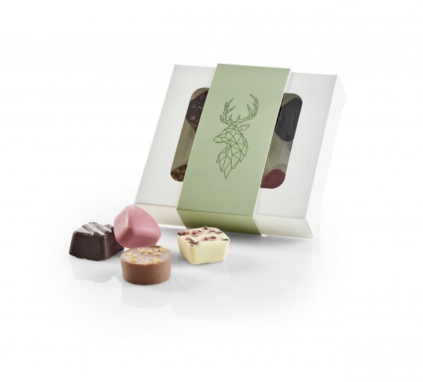Hvid rudeæske, Green Deer, 5 stk Lukus chokolade, 50 g.