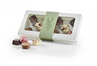 Hvid rudeæske, Green Deer, 10 stk Lukus chokolade, 100 g.