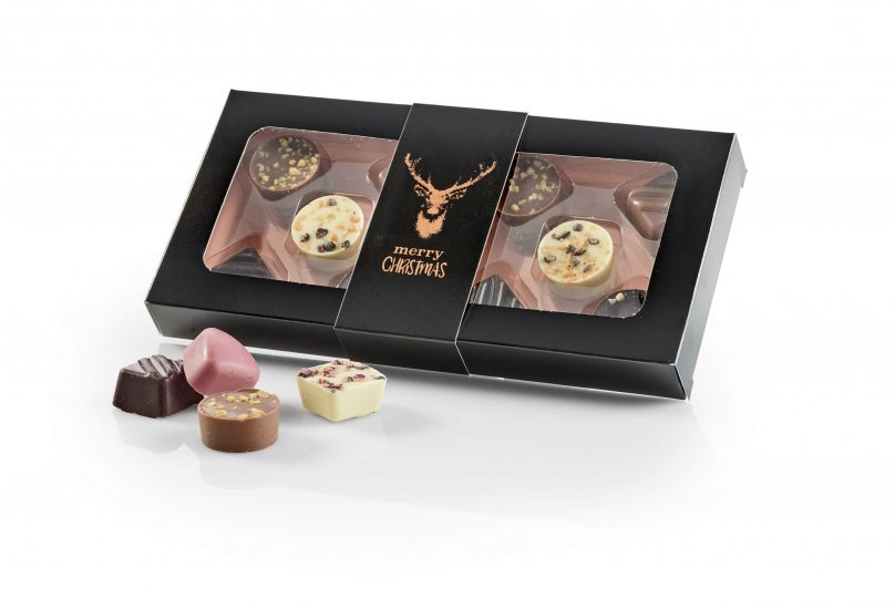 Sort rudeæske, Merry Christmas Kronhjort, 10 stk Lukus chokolade, 100 g.