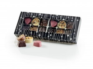 Sort m. sølv prik rudeæske, 12 stk. Luksus chokolade, 120 g.
