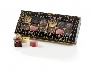 Sort m. guld prik rudeæske, 12 stk. Luksus chokolade, 120 g.