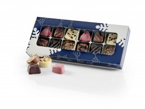 Blå m. hvid snefnug rudeæske, 12 stk. Luksus chokolade, 120 g.