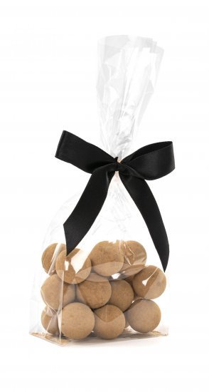 Cellofanposer m/ sort sløjfe, Lakridskugler chokolade & lakridspulver, 90 g.