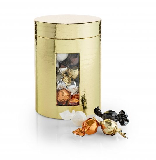 Mega Guld Rund Hatteæske m/ Vindue, Chokoladekugler, 1000 g.