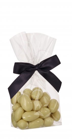 Cellofanposer m/ sort sløjfe, Mandler m/hvid chokolade, 90 g.