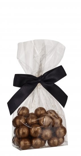 Cellofanposer m/ sort sløjfe, Lakridskugler m/salt lakrids, mælke chokolade & karamel (Bronze), 90 g