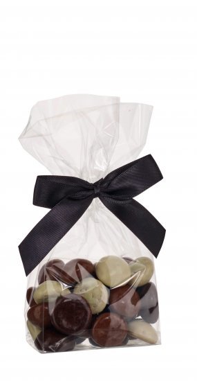 Cellofanposer m/ sort sløjfe, Pebernødder m/chokoladeovertræk, 90 g.