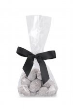 Cellofanposer m/ sort sløjfe, Mandler m/mælkechokolade & flormelis (Snemandler), 90 g.