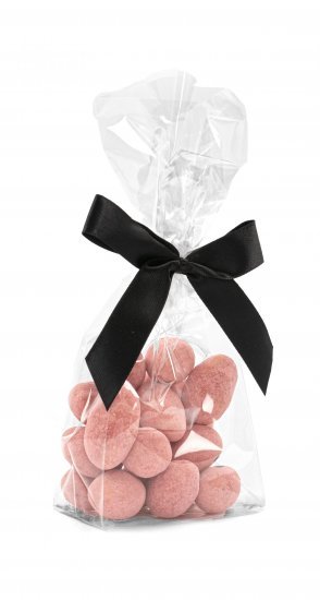 Cellofanposer m/ sort sløjfe, Mandler m/ hvid chokolade & jordbærpulver (Jordbærmandler), 90 g.